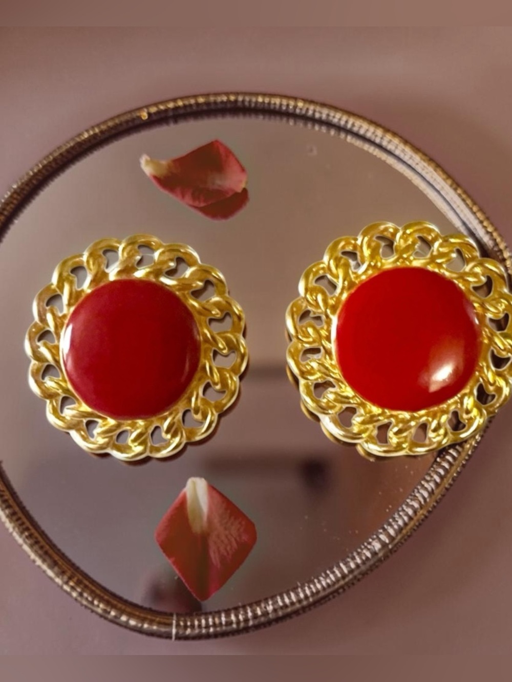 Vintage Monet Red Enamel And Gold Circle Earrings | Monet Earrings